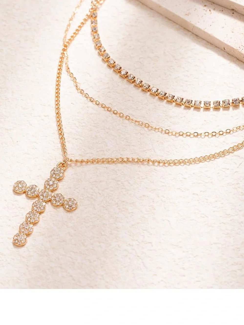 Layered Gold Rhinestone Cross Pendant Necklace Cable Chain Charm Jewelry
